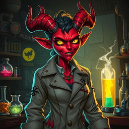 A red-skinned female Hazbin demon mad scientist with crooked horns, dressed in a tattered lab coat adorned with symbols of chaos