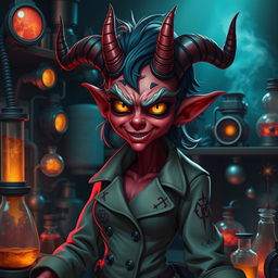 A red-skinned female Hazbin demon mad scientist with crooked horns, dressed in a tattered lab coat adorned with symbols of chaos