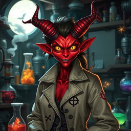 A red-skinned female Hazbin demon mad scientist with crooked horns, dressed in a tattered lab coat adorned with symbols of chaos