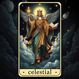 A majestic celestial being depicted on a tarot card, soaring among dark clouds in a dark fantasy style