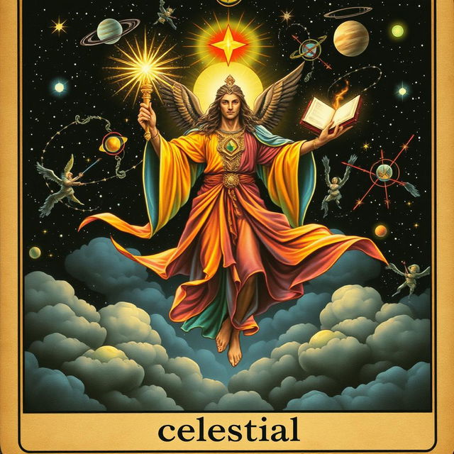 A majestic celestial being depicted on a tarot card, soaring among dark clouds in a dark fantasy style