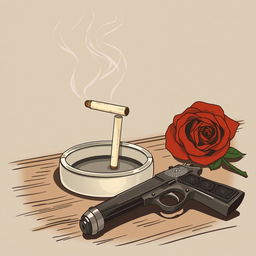 A 1920s style illustration featuring an elegant ashtray with a smoking cigarette butt, wisps of smoke drifting upwards
