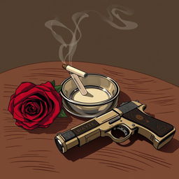 A 1920s style illustration featuring an elegant ashtray with a smoking cigarette butt, wisps of smoke drifting upwards