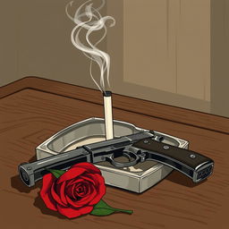 A 1920s style illustration featuring an elegant ashtray with a smoking cigarette butt, wisps of smoke drifting upwards