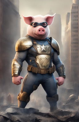 A high-quality digital art piece featuring 'War Pig', a superhero pig character designed in the style of Marvel comics