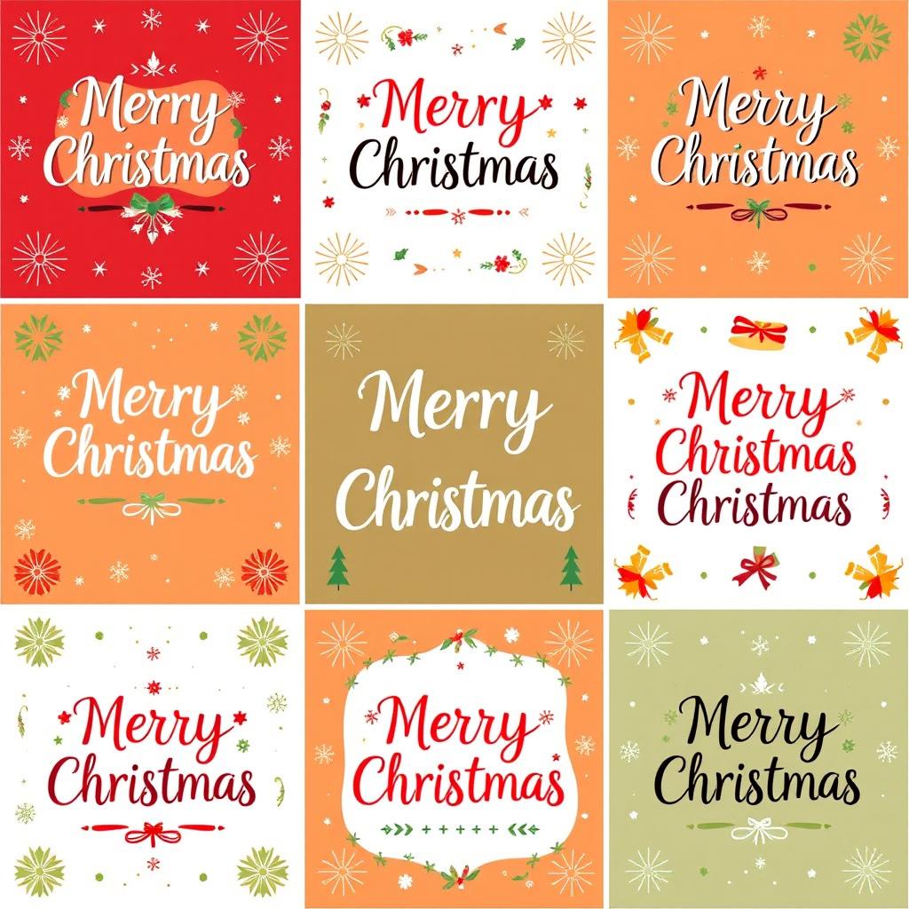 A visually engaging grid design featuring 10 squares, each displaying the text 'Merry Christmas' in a variety of popular fonts