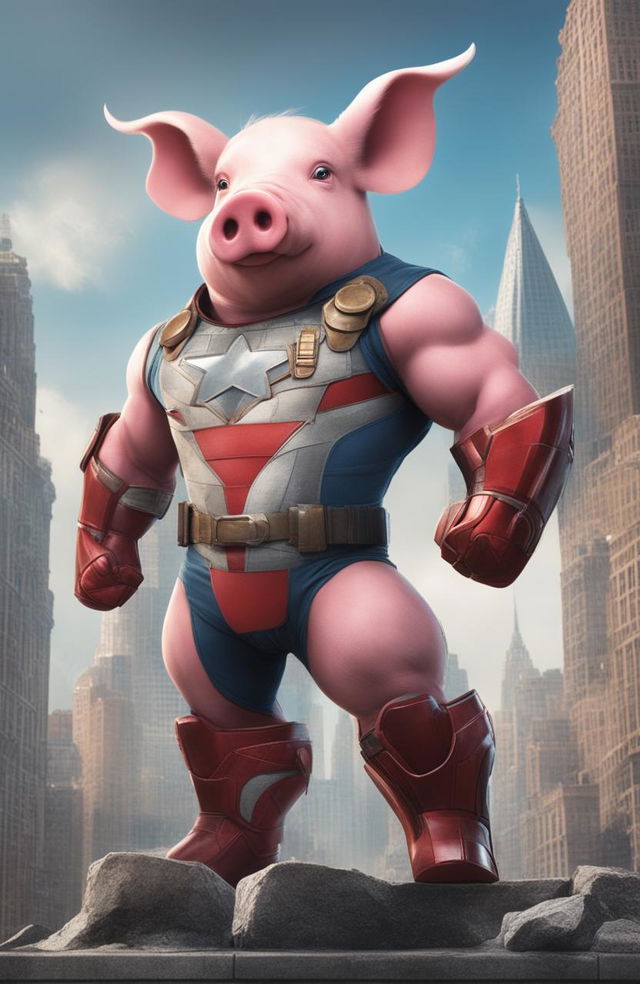 A high-quality digital art piece featuring 'War Pig', a superhero pig character designed in the style of Marvel comics