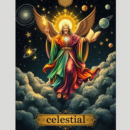A tarot card design featuring a majestic celestial being soaring among dark clouds
