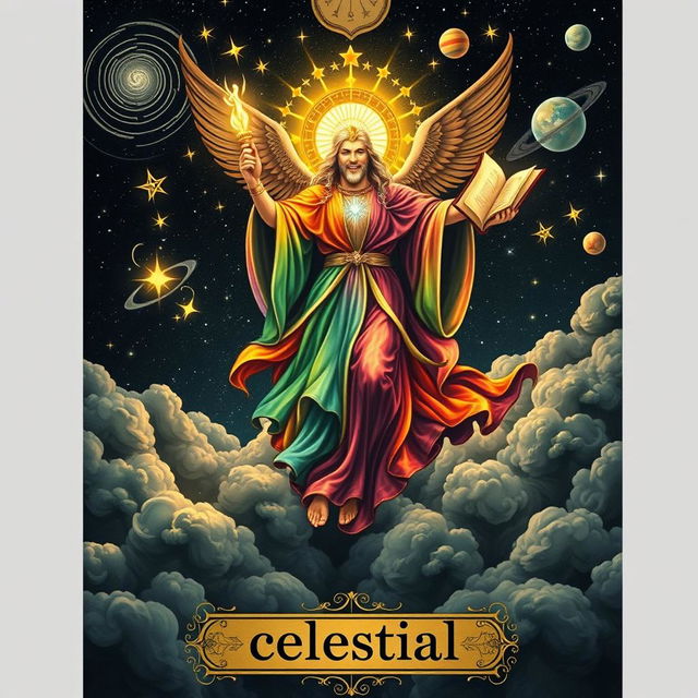 A tarot card design featuring a majestic celestial being soaring among dark clouds