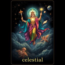A tarot card design featuring a majestic celestial being soaring among dark clouds