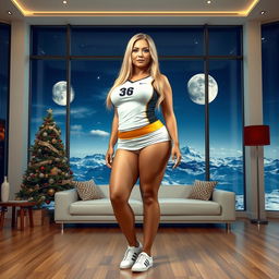 A full-body image of a stunning 55-year-old MILF with Venezuelan features, highlighting a curvy physique with large breasts (size 42DD), wide hips, a very slim waist, thick thighs, and beautiful, firm legs