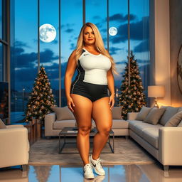A full-body image of a stunning 55-year-old MILF with Venezuelan features, highlighting a curvy physique with large breasts (size 42DD), wide hips, a very slim waist, thick thighs, and beautiful, firm legs