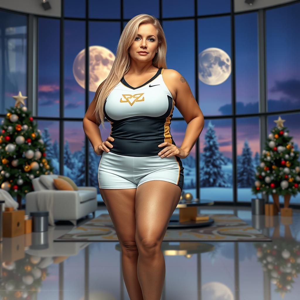 A full-body image of a stunning 55-year-old MILF with Venezuelan features, highlighting a curvy physique with large breasts (size 42DD), wide hips, a very slim waist, thick thighs, and beautiful, firm legs