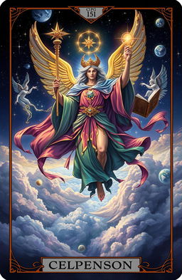 A majestic celestial being soaring through the clouds, dressed in long, flowing garments that shimmer with all the colors of the rainbow