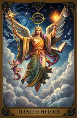 A majestic celestial being soaring through the clouds, dressed in long, flowing garments that shimmer with all the colors of the rainbow