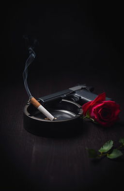 A 1920s style still life featuring a vintage ashtray with a smoking cigarette butt, a sleek pistol, and a delicate red rose positioned beside it