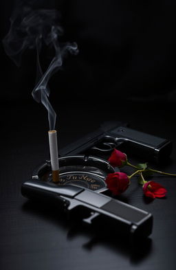 A 1920s style still life featuring a vintage ashtray with a smoking cigarette butt, a sleek pistol, and a delicate red rose positioned beside it