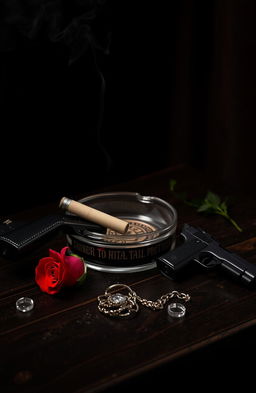A 1920s style still life featuring a vintage ashtray with a smoking cigarette butt, a sleek pistol, and a delicate red rose positioned beside it