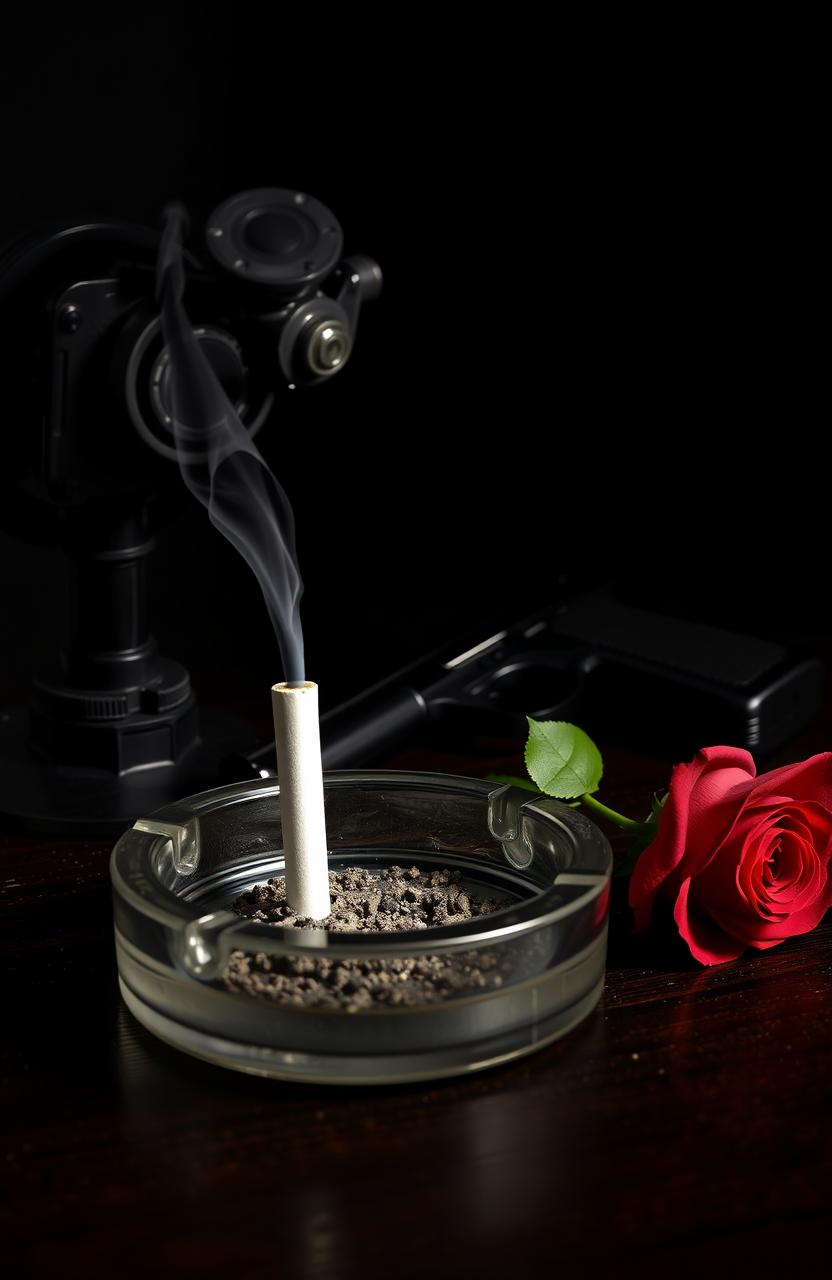 A 1920s style still life featuring a vintage ashtray with a smoking cigarette butt, a sleek pistol, and a delicate red rose positioned beside it