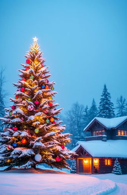 A serene winter scene depicting a beautifully decorated Christmas tree adorned with sparkling lights and colorful ornaments