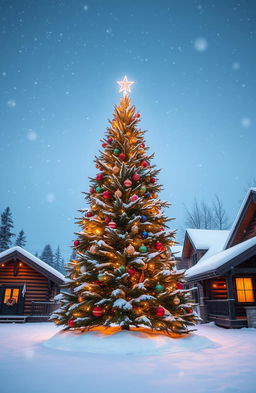 A serene winter scene depicting a beautifully decorated Christmas tree adorned with sparkling lights and colorful ornaments