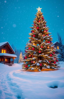 A serene winter scene depicting a beautifully decorated Christmas tree adorned with sparkling lights and colorful ornaments