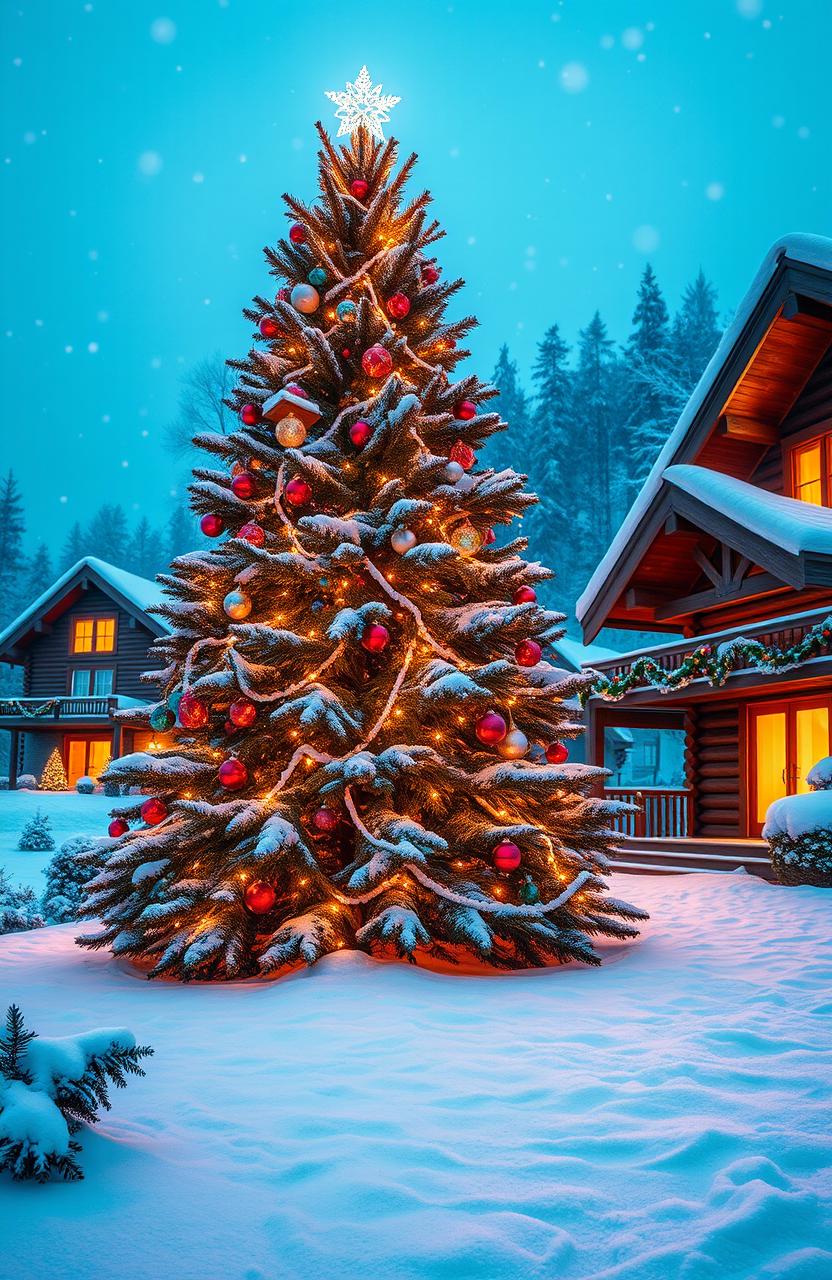 A serene winter scene depicting a beautifully decorated Christmas tree adorned with sparkling lights and colorful ornaments