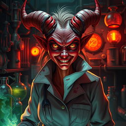 A red-skinned female Hazbin demon mad scientist with crooked horns, wearing a high-collared surgical jacket that is slightly tattered and stained, hinting at her chaotic experiments