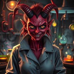 A red-skinned female Hazbin demon mad scientist with crooked horns, wearing a high-collared surgical jacket that is slightly tattered and stained, hinting at her chaotic experiments