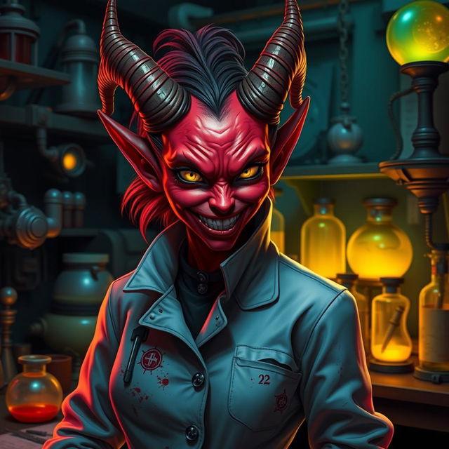 A red-skinned female Hazbin demon mad scientist with crooked horns, wearing a high-collared surgical jacket that is slightly tattered and stained, hinting at her chaotic experiments