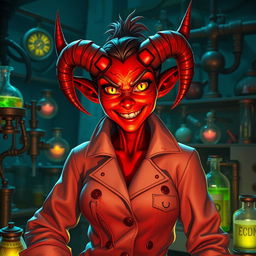 A red-skinned female Hazbin demon mad scientist with crooked horns, wearing a high-collared surgical jacket that is slightly tattered and stained, hinting at her chaotic experiments