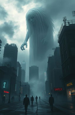 A haunting and surreal cityscape where a massive, ethereal corpse looms over the skyline, draped in shadows and mist