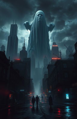 A haunting and surreal cityscape where a massive, ethereal corpse looms over the skyline, draped in shadows and mist