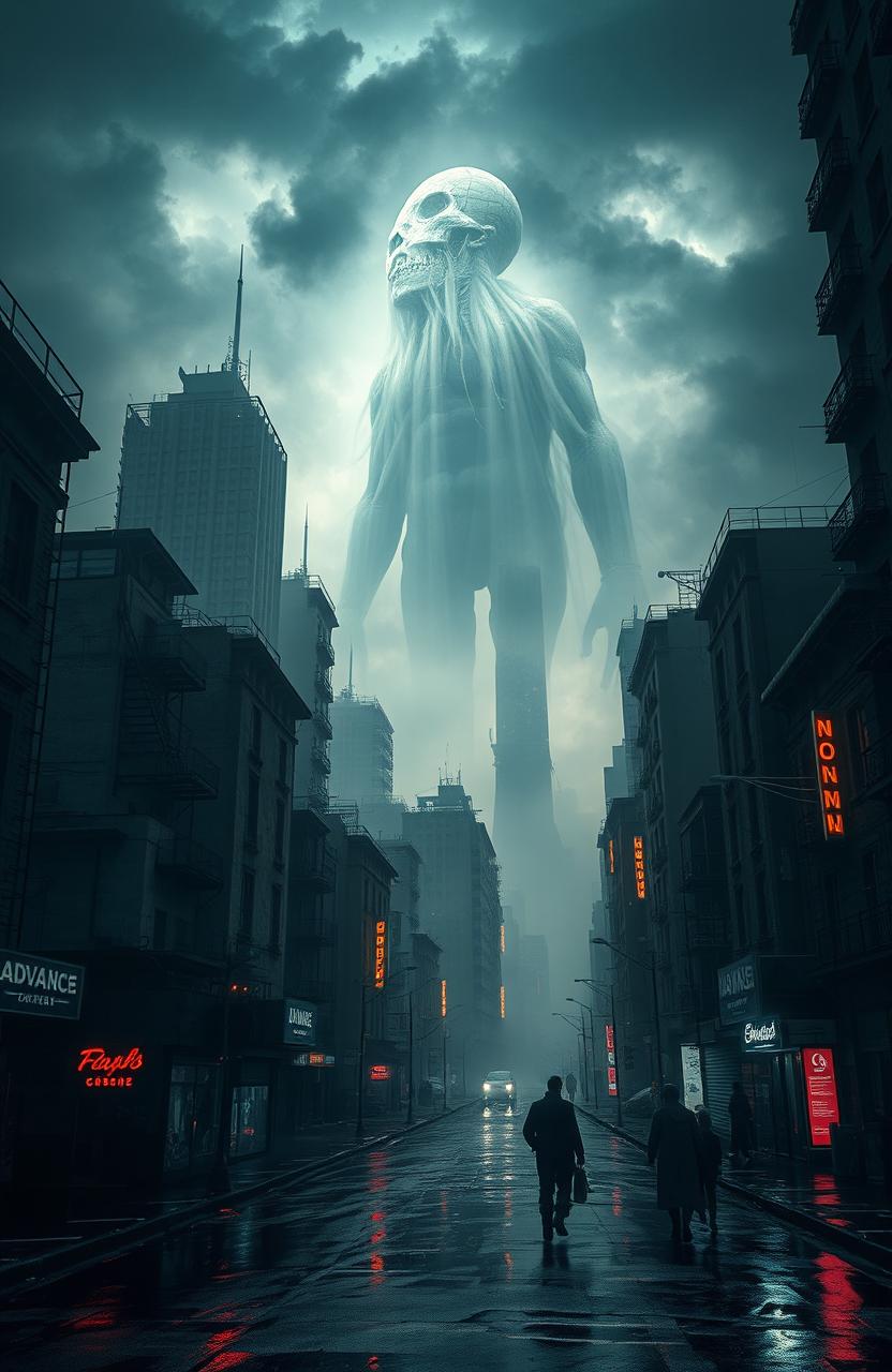 A haunting and surreal cityscape where a massive, ethereal corpse looms over the skyline, draped in shadows and mist