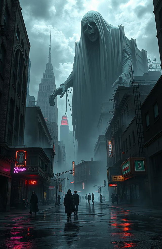 A haunting and surreal cityscape where a massive, ethereal corpse looms over the skyline, draped in shadows and mist