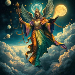 A majestic celestial being soaring through the clouds, dressed in long, flowing garments that shimmer with all the colors of the rainbow