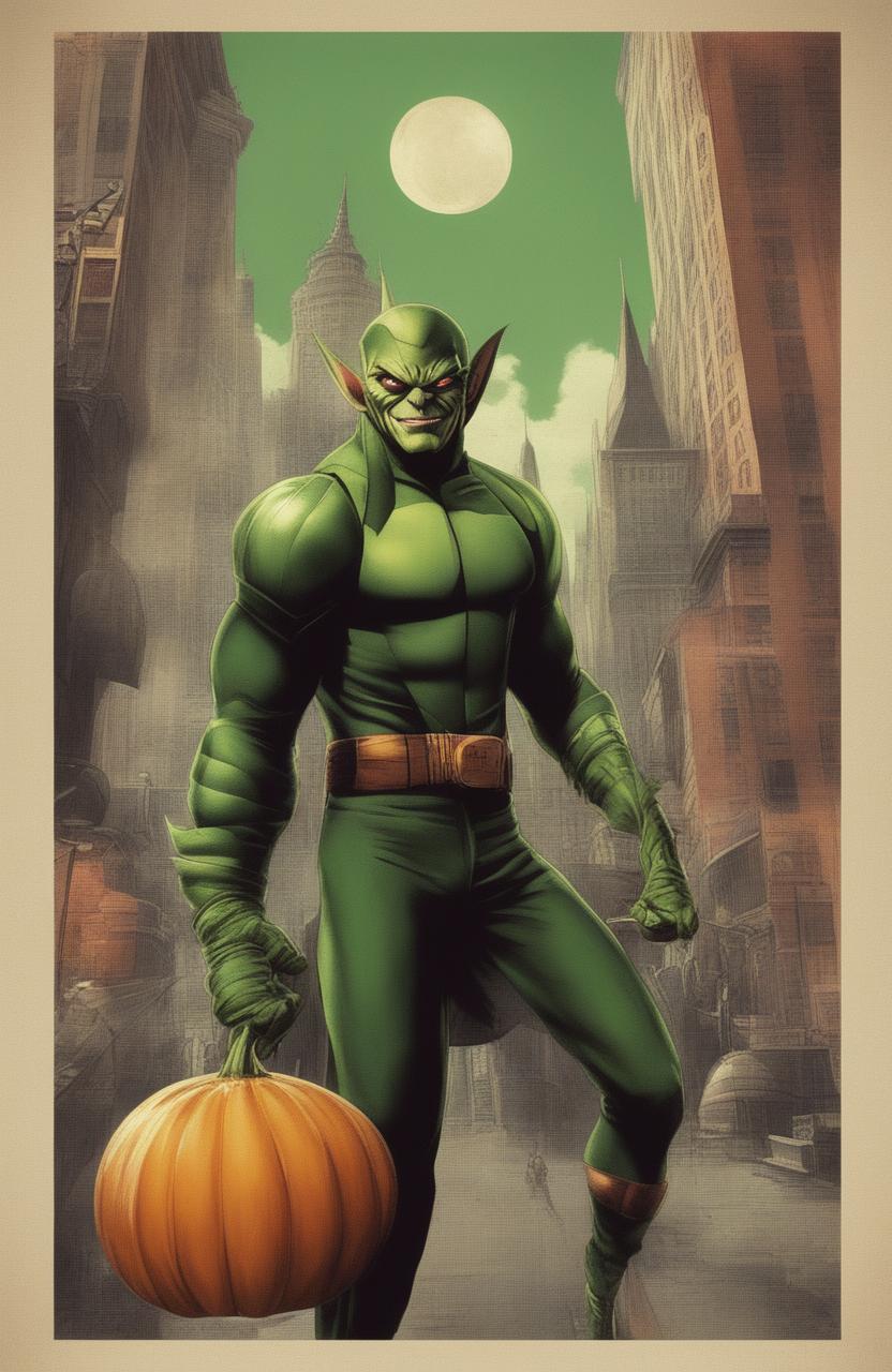 A 32k resolution vintage style poster featuring the Green Goblin from Marvel