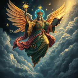 A majestic celestial being soaring through the clouds, dressed in long, flowing garments that shimmer with all the colors of the rainbow