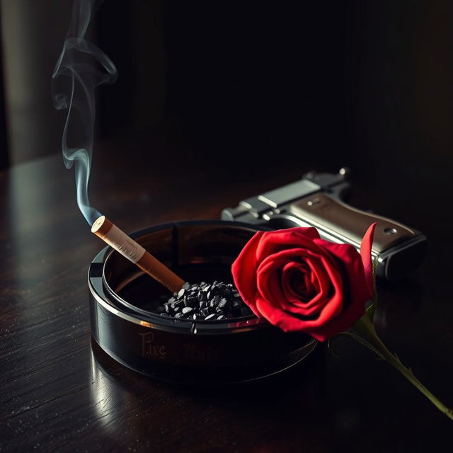 A 1920s style still life featuring an elegant ashtray with a smoking cigarette butt, a polished vintage pistol, and a striking red rose arranged thoughtfully next to it