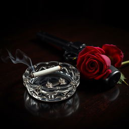 A 1920s style still life featuring an elegant ashtray with a smoking cigarette butt, a polished vintage pistol, and a striking red rose arranged thoughtfully next to it