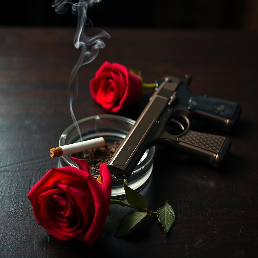 A 1920s style still life featuring an elegant ashtray with a smoking cigarette butt, a polished vintage pistol, and a striking red rose arranged thoughtfully next to it