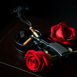 A 1920s style still life featuring an elegant ashtray with a smoking cigarette butt, a polished vintage pistol, and a striking red rose arranged thoughtfully next to it