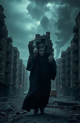 A hauntingly beautiful scene depicting the metaphorical representation of a city as a corpse resting upon someone's shoulders