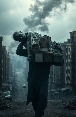 A hauntingly beautiful scene depicting the metaphorical representation of a city as a corpse resting upon someone's shoulders