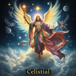 A majestic celestial being soaring through the clouds, dressed in long, flowing garments that shimmer with all the colors of the rainbow