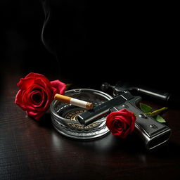 A captivating 1920s style still life composition featuring a vintage ashtray with a smoking cigarette butt, a polished metal pistol, and an elegant red rose delicately placed beside it