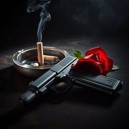 A captivating 1920s style still life composition featuring a vintage ashtray with a smoking cigarette butt, a polished metal pistol, and an elegant red rose delicately placed beside it