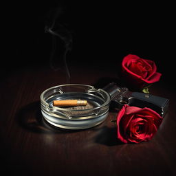 A captivating 1920s style still life composition featuring a vintage ashtray with a smoking cigarette butt, a polished metal pistol, and an elegant red rose delicately placed beside it