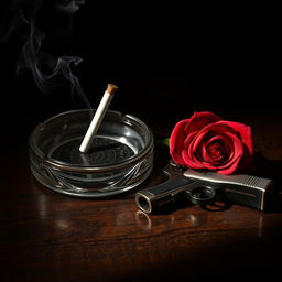 A captivating 1920s style still life composition featuring a vintage ashtray with a smoking cigarette butt, a polished metal pistol, and an elegant red rose delicately placed beside it