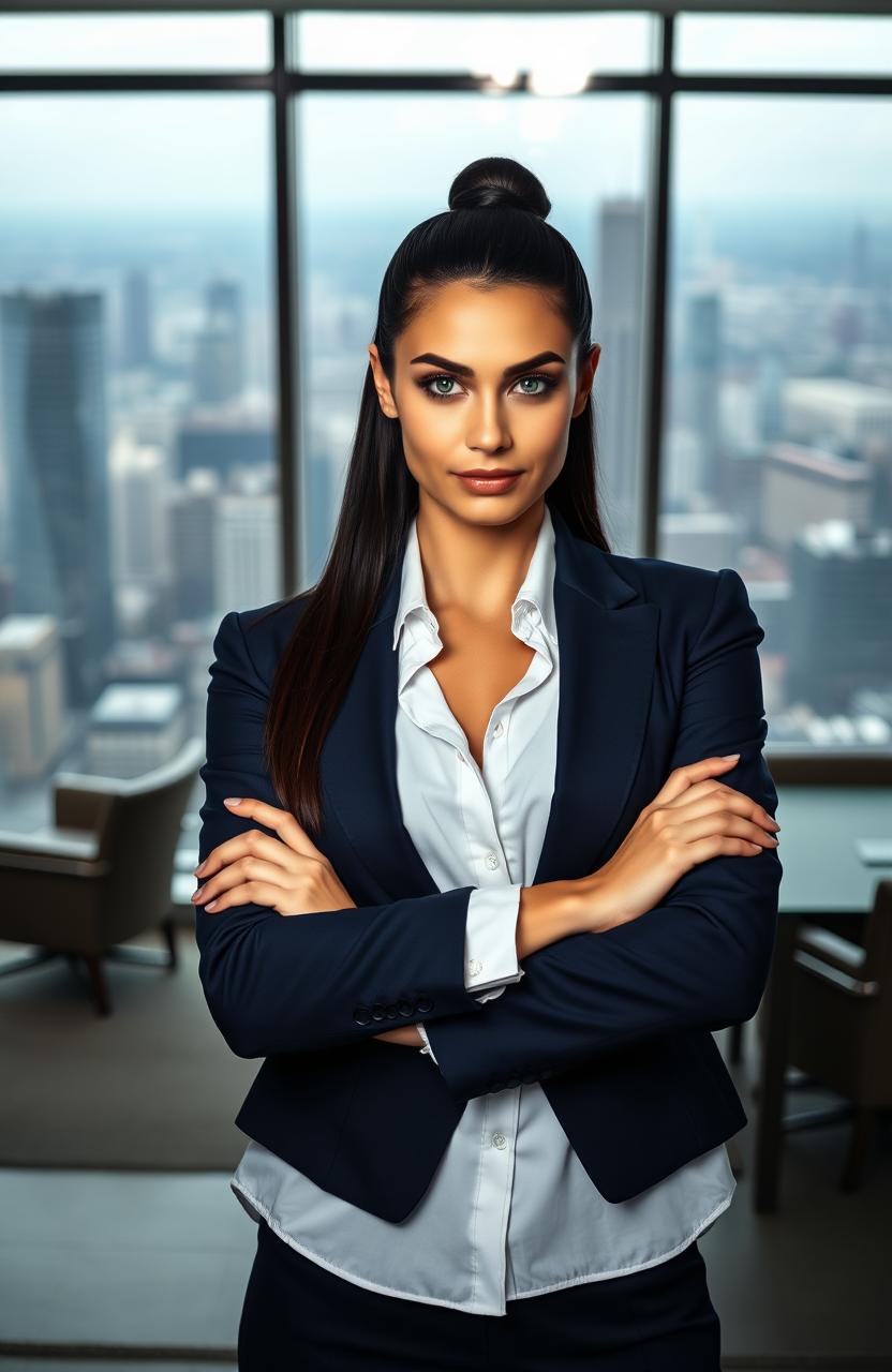 A portrait of an arrogant young businesswoman standing confidently in an upscale office environment